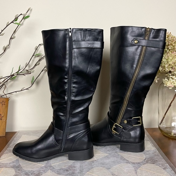 Charlotte Russe Corryn Edgy Wide-Calf Asymmetrical Gold Zipper Buckled Moto Boot - Picture 13 of 16
